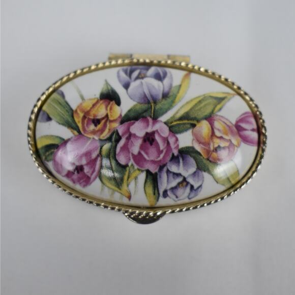 Vintage mini Italian gold tone oval pill box porcelain floral lid Made in Italy - Picture 2 of 9